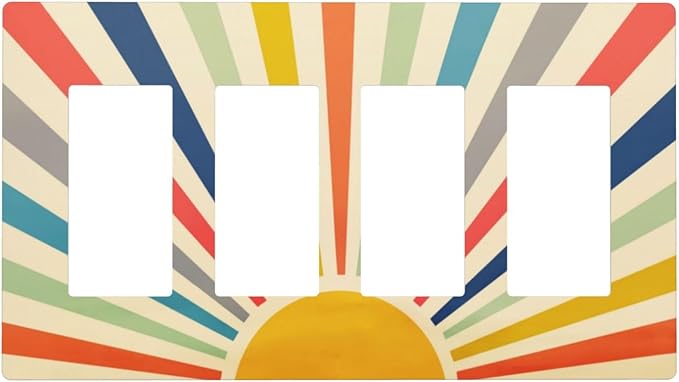 70s Hippie Bohemian Minimalist Aesthetics Art Mid Century Boho Abstract Sun 4 Gang Quad Device Screwless Decorator GFCI/Rocker Wall Plate Light Switch Dimmer Receptacle Outlet Cover Standard Size