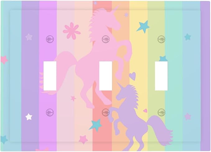 Cute Purple Pink Rainbow Unicorn 3 Gang Light Switch Cover Triple Toggle Wall Plate Decorative Electrical Switchplates Faceplate for Nursery Girls Boys Room Kids Room Home Decor