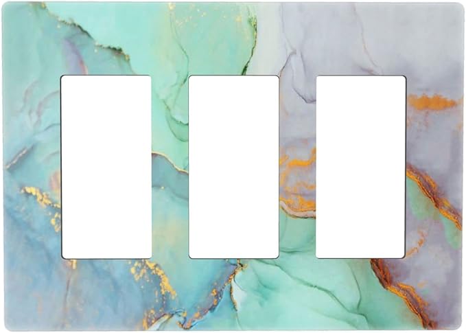 Teal Green Marble 3 Gang Triple Rocker/Decor Light Switch Wall Plate Cover Decorative Electrical Faceplate for Kids Living Room Bedroom Decor Screwless 6.57" x 4.65