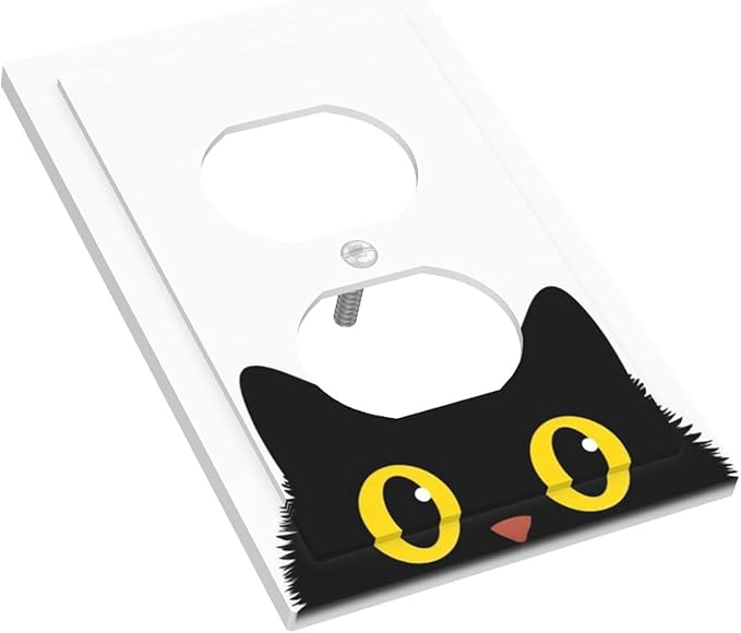 Peeking Cute Black Cat Duplex Wall Plate - 1-Gang Standard US Size Curious Cat Eyes Outlet Covers for Cat Lover Decor
