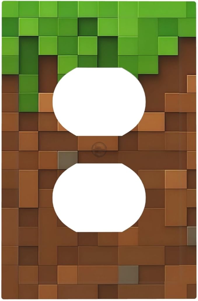 Pixel Style Gamer Themed Grass Block Outlet Covers 1 Gang Duplex Light Switch Cover Decorative Switch Plates Electrical Receptacle Faceplate Wall Plate for Kids Room Office Home Decor