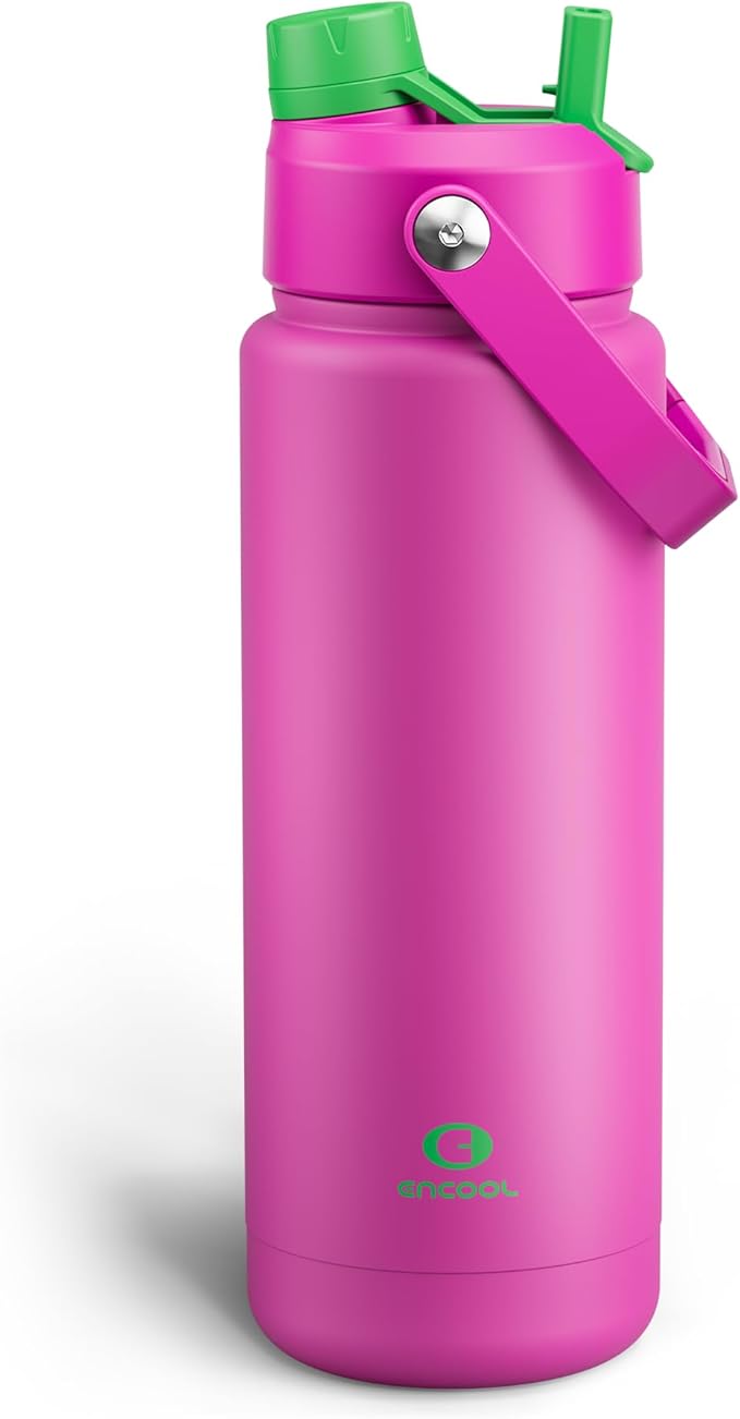 ENCOOL Insulated Water Bottle with Straw Stainless Steel Water Bottle, Leak-Proof, BPA-Free, Double Wall Vacuum Keeps Cold for 24 Hours for Sports, Travel, School (32 oz, Knockout Pink)