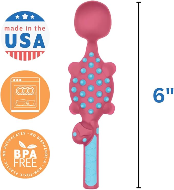 Constructive Eating Plate and Utensils Set - USA-Made Toddler Dinnerware with Divided Plates (Pink Dinosaur)