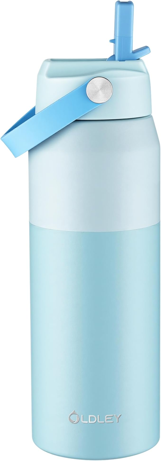 Oldley 24oz Insulated Water Bottle with Straw, Stainless Steel Water Bottle for Sports, Travel, School, BPA-Free Sports Bottles for Adult Kids, Leak-Proof, Light Blue Layered