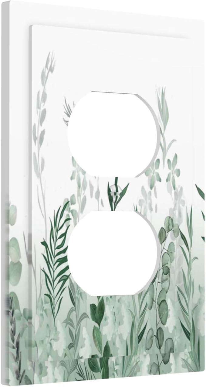 Watercolor Green Leaf Rustic Plant Eucalyptus Flowers Outlet Covers 1 Gang Duplex Light Switch Cover Decorative Switch Plates Electrical Receptacle Faceplate Wall Plate for Bed Room Living Room Decor