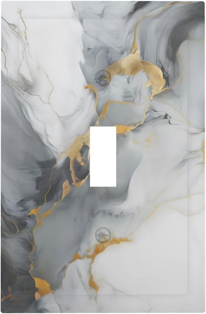 Gold Marble Grey Art Abstract Luxury Print Decorative Light Switch Cover 1 Gang Single Toggle Device Electrical Faceplate Switchplates Decorator Outlet Wall Plate for Kitchen Bathroom Decor