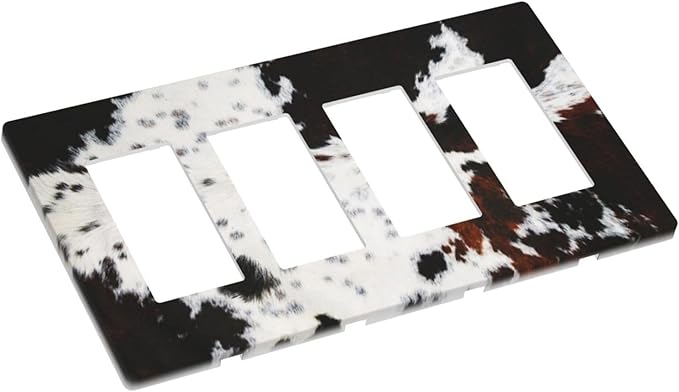 Western Black Brown White Cow Decorative 4 Gang Quad Gfci/Decorator Light Switch Cover Cowhide Wild Animal Fur Skin Spots Cheetah Leopard Print Four Device Rocker Switch Face Wall Plate Outlet Covers