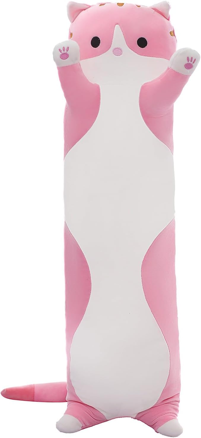 Cute Cat Plush Long Body Pillow – Soft Cartoon Stuffed Animal Doll, Kawaii Cat Plushie Cuddle Toy for Kids, Girls & Girlfriend (Pink, 27.5 Inch)