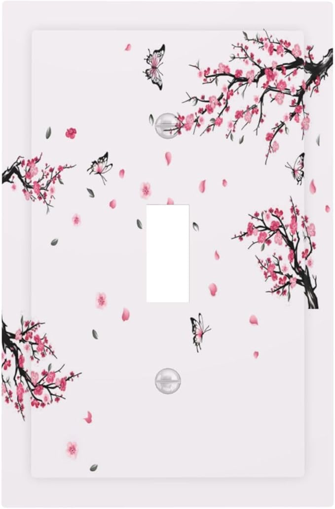 Pink Watercolor Cherry Blossom Flowe Tree Branch Floral Decorative Light Switch Cover 1 Gang Single Toggle Device Electrical Faceplate Switchplates Decorator Outlet Wall Plate for Bedroom Living Room