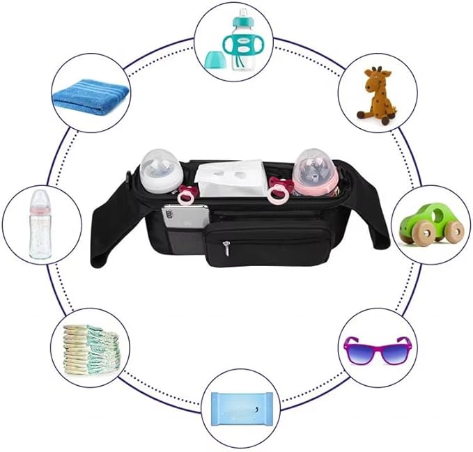 Universal Stroller Organizer with Insulated Cup Holder Detachable Phone Bag and Carry Strap Fits Uppababy, Baby Jogger, Britax, BOB, Umbrella and Pet Stroller and more (Black)