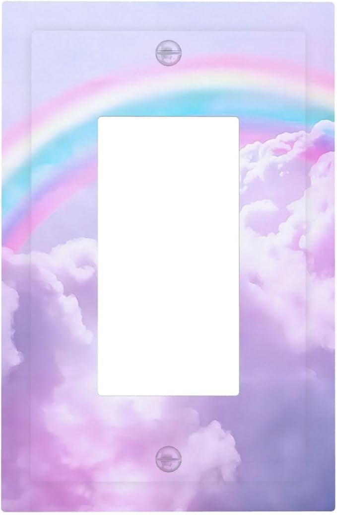 Rainbow in the Clouds Single Rocker Outlet Wall Plates Pink Art Panel 1 Gang Light Switch Cover Decorative Purple Cloud Electrical GFCI Switchplate Cute Dimmer for Bedroom Kidroom Nursery Decor