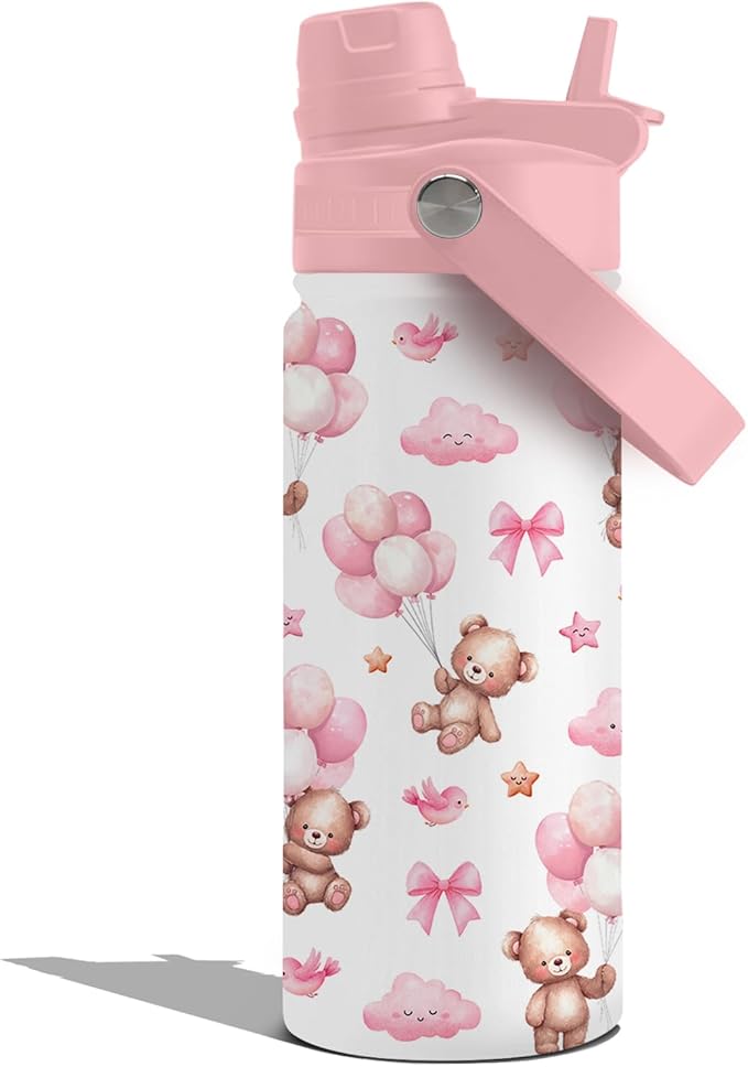 Insulated Water Bottle 18oz, Little Bear Gifts Water Bottle with 2-in-1 Straw and Spout Lid, White Bear Cup Leakproof, Bears Coffee Mug for Bears Lover, Birthday Gift Ideal for Girls Boys