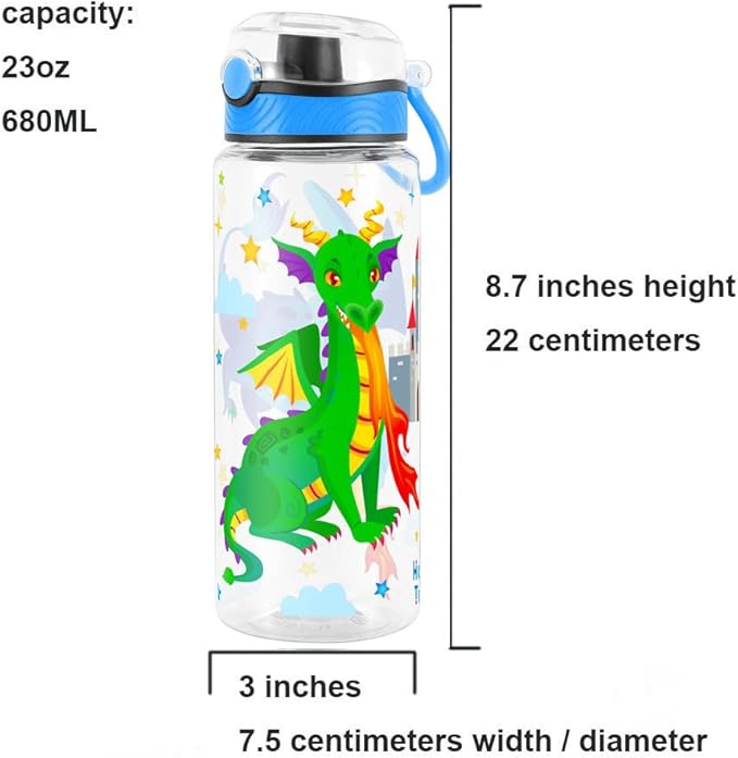 Home Tune Cute Water Bottle for School Kids Girls, BPA FREE Tritan & Leak Proof & Easy Clean & Carry Handle, 23oz/ 680ml (Fire Dragon)