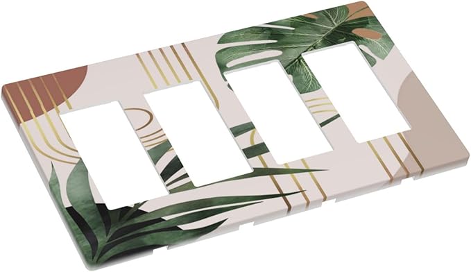 Decorative 4 Gang GFCI Screwless Decorator Outlet Light Switch Cover Beige Abstract Art 70s Middle Mid Century Boho Botanical Palm Leaf Quad Rocker Wall Plate Decorative Electrical Switch Faceplate