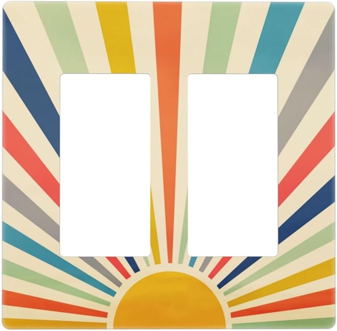 Retro Vintage Hippie Rainbow Boho 70s Mid Century Sun Abstract Sunrise 2 Gang Screwless Double GFCI Decorator/Rocker Outlet Light Switch Wall Plate Covers Decorative Dual Device Receptacle Faceplate