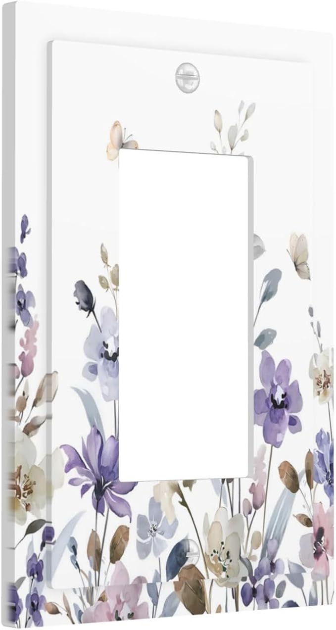 Purple Watercolor Flower Floral Butterfly Decorative Outlet Covers 1 Gang Single Rocker Light Switch Cover Plate Wall Plates GFCI Faceplate for Bedroom Living Room Decor