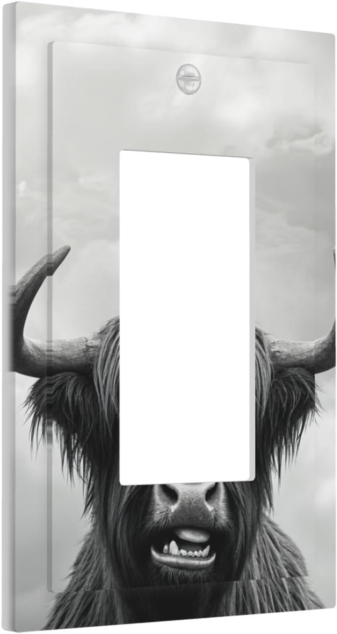 Highland Cow Black & White Portrait Single Rocker Switch Cover - 1-Gang Standard US Size Playful Farm Animal Light Switch Covers for Living Room Decor