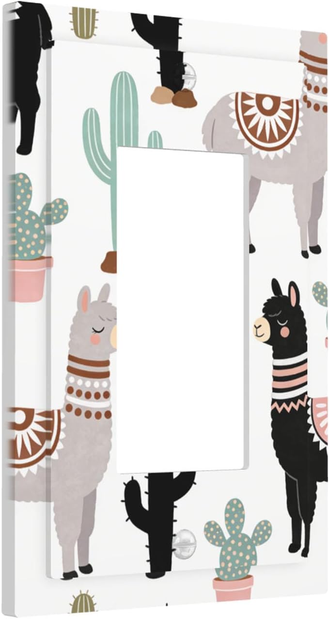Playful Llamas & Cactuses Desert Pattern Single Rocker Switch Cover - 1-Gang Standard US Size Bohemian Desert Animals Light Switch Covers for Boys & Girls Bedroom Playroom Decor
