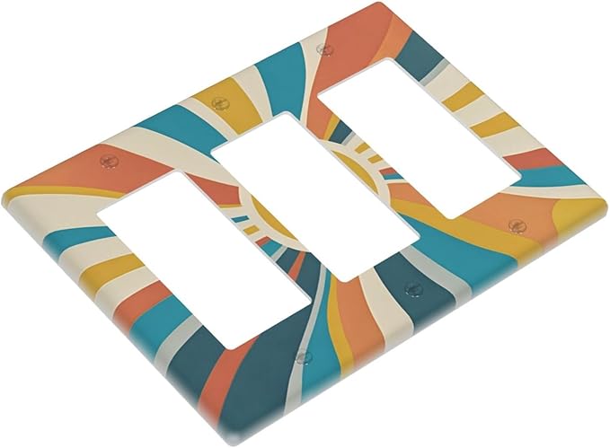 Decorative Light Switch Plate with Retro Mid-Century Modern Sunburst Motif Design 3 Gang Outlet Covers Triple Rocker Wall Plate Switch Plate Cover for Abstract Teal/Yellow/Orange Wall Decor
