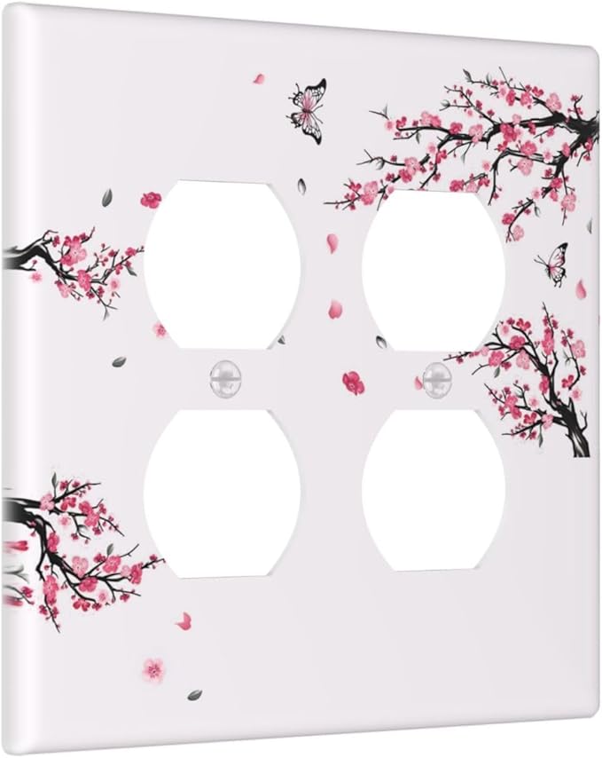 Pink Watercolor Cherry Blossom Flowe Tree Branch Floral Outlet Covers 2 Gang Double Duplex Decorative Light Switch Covers Electrical Wallplates Socket Faceplate for Bedroom Living Room Decor