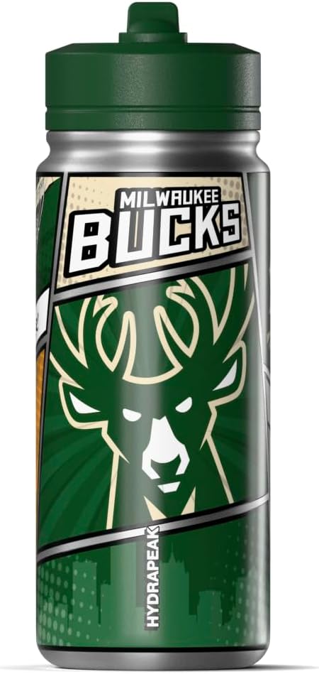 Hydrapeak x NBA Milwaukee Bucks 20 oz Stainless Steel Water Bottle, Officially Licensed Double Wall Insulated Sports Bottle with Straw Lid, Reusable Leakproof Gift for Kids & Adults