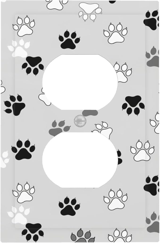 Monochrome Paw Print Duplex Wall Plate - 1-Gang Standard US Size Minimalist Dog Lover's Pet Paws Outlet Covers, Neutral Tone for Pet Owners Decor