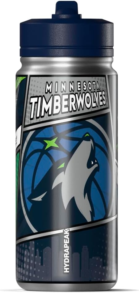 Hydrapeak x NBA Minnesota Timberwolves 20 oz Stainless Steel Water Bottle, Officially Licensed Double Wall Insulated Sports Bottle with Straw Lid, Reusable Leakproof Gift for Kids & Adults