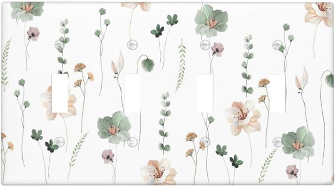 Light Switch Covers Watercolor Floral Botanical Flowers Quad Toggle Electrical Faceplate 4 Gang Wall Plate Decorative Switch Plates For Living Room Bed Room Decor