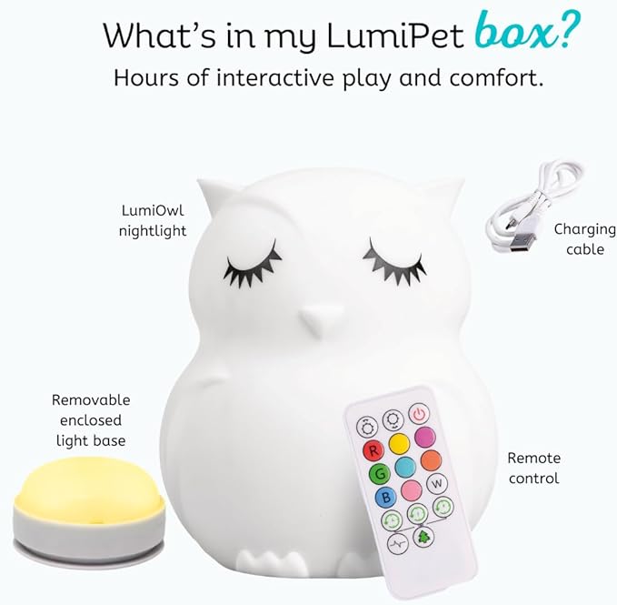 Lumipets Remote Control Silicone Night Light for Kids - Owl Design with 9 Soft Colors & Sleep Timer - Rechargeable, Battery-Operated Lamp for Bedroom | Baby Nursery, Toddler, Girls, Boys