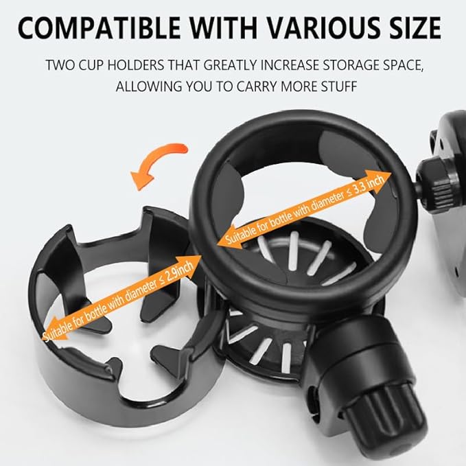 Stroller Cup Phone Holder Attachment, 3-in-1 Universal Cup Holder with Adjustable Phone Mount, Double Cup Holder for Walker Wheelchair Fits Most Donna, Uppababy, Bugaboo, Anti-Slip & Easy Install