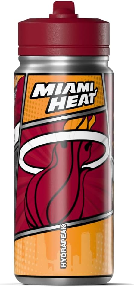 Hydrapeak x NBA Miami Heat 20 oz Stainless Steel Water Bottle, Officially Licensed Double Wall Insulated Sports Bottle with Straw Lid, Reusable Leakproof Gift for Kids & Adults