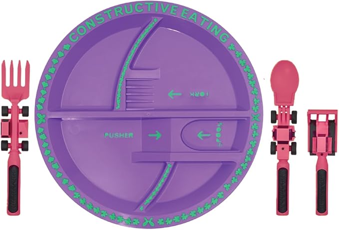 Constructive Eating Plate and Utensils Set - USA-Made Toddler Dinnerware with Divided Plates (Pink Construction)