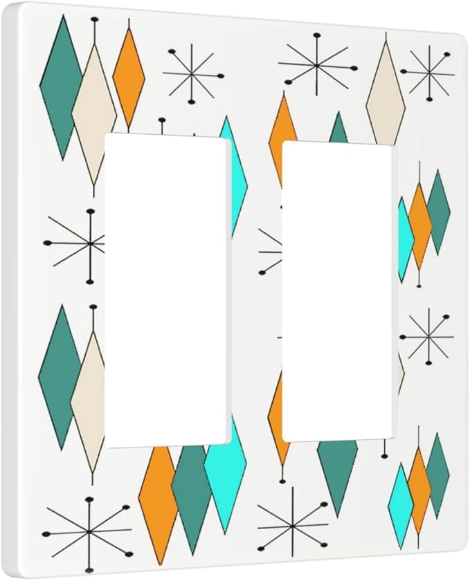 Teal/Blue/Green/Orange Abstract Diamond Atomic Art 2 Gang Double Decorator GFCI/Rocker Wall Plate Modern Mid Century Geometry Electrical Outlet Decorative Receptacle Cover Light Switch for Dimmer, USB