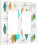 Teal/Blue/Green/Orange Abstract Diamond Atomic Art 2 Gang Double Decorator GFCI/Rocker Wall Plate Modern Mid Century Geometry Electrical Outlet Decorative Receptacle Cover Light Switch for Dimmer, USB
