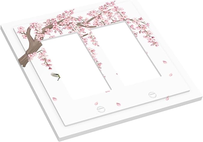 Pink Flower Tree Branch Cherry Blossom Tree Floral Birds Decorative Outlet Covers 2 Gang Double GFCI Rocker Electrical Wall Panels Light Switch Cover Plate for Bedroom Living Room Decor