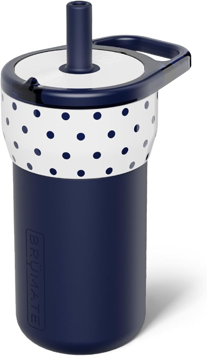 BrüMate Leap 12oz 100% Leakproof Kids Tumbler with Handle & Silicone Soft Straw | Durable Drop Resistant Silicone Sleeve | Made of Insulated Stainless Steel | Cup Holder Friendly | (White Polka Dots)