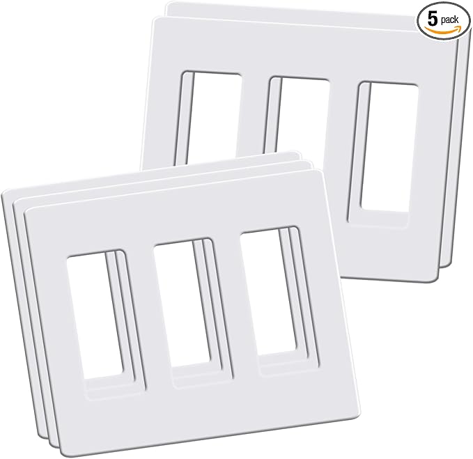 3-Gang Screwless Decorator Wall Plates, Decorative Outlet Covers, Standard Size 4.68" x 6.54" Switch Plate for Decor Dimmer, GFCI, USB Receptacle (5 Pack, Gloss White)