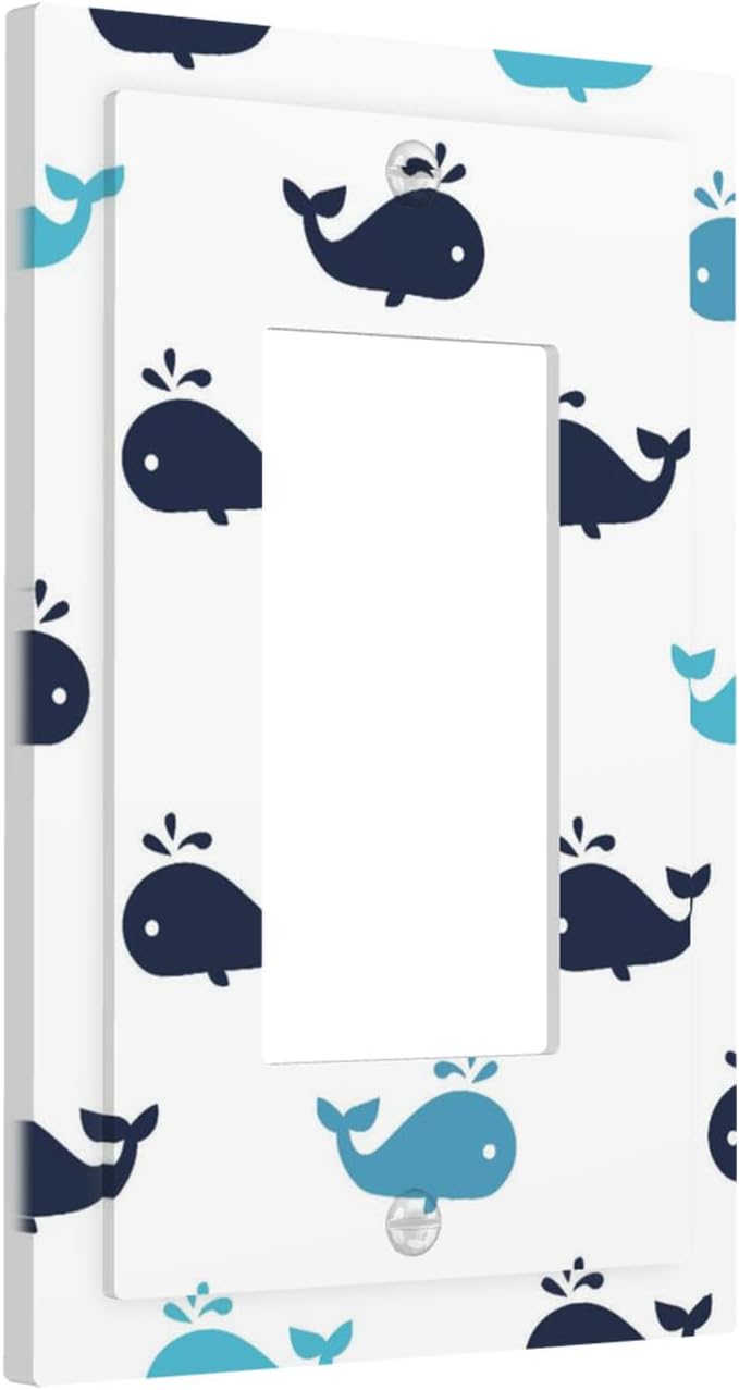Cute Blue Whales Single Rocker Switch Cover - 1-Gang Standard US Size Nautical Whale Pod Light Switch Covers, Minimalist Coastal for Nursery Decor