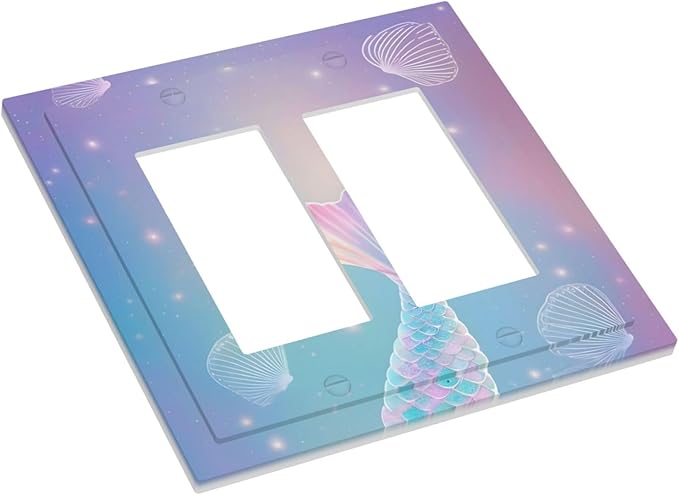 Cute Mermaid Pink Tail Scales Shells Colorful Ocean Decorative Outlet Covers 2 Gang Double GFCI Rocker Electrical Wall Panels Light Switch Cover Plate for Kids Room Nursery Decor