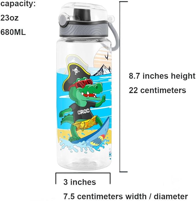 Home Tune Cute Water Bottle for School Kids Girls, BPA FREE Tritan & Leak Proof & Easy Clean & Carry Handle, 23oz/ 680ml (Croc)