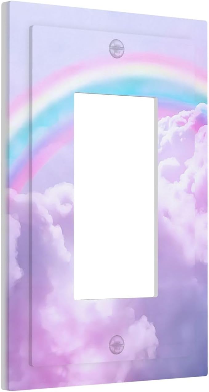 Rainbow in the Clouds Single Rocker Outlet Wall Plates Pink Art Panel 1 Gang Light Switch Cover Decorative Purple Cloud Electrical GFCI Switchplate Cute Dimmer for Bedroom Kidroom Nursery Decor