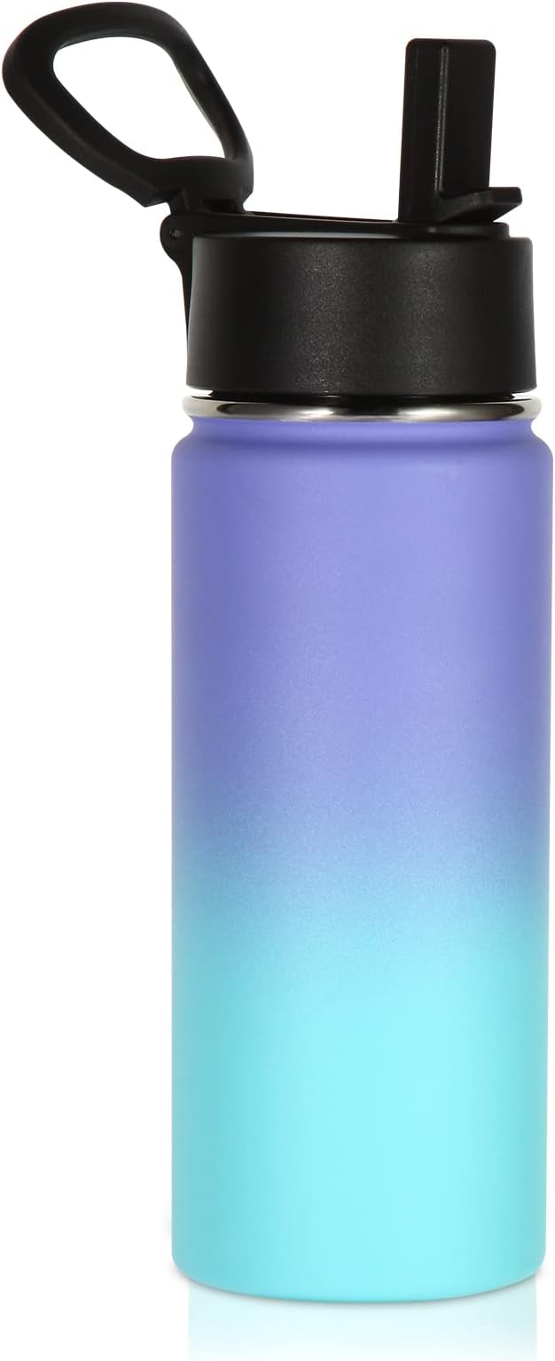 Volhoply 18oz Kids Insulated Water Bottle,Stainless Steel Water Bottles with Straw Lid,Double Wall Vacuum Reusable Metal Water Bottle,Wide Mouth Sports Flask For Cold Drink(Purple Blue,1 Set)