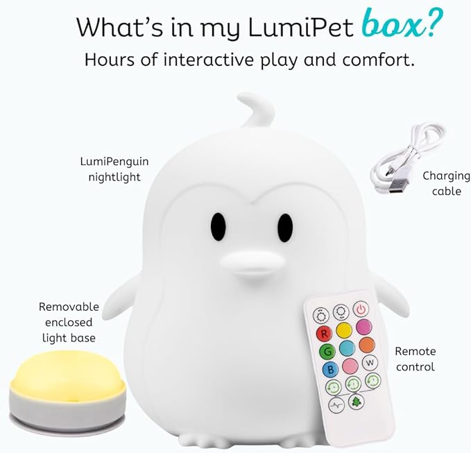Lumipets Remote Control Silicone Night Light for Kids - Penguin Design with 9 Soft Colors & Sleep Timer - Rechargeable, Battery-Operated Lamp for Bedroom | Baby Nursery, Toddler, Girls, Boys