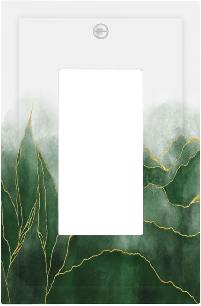 Light Switch Cover Plate Green Gold Leaf Marble Modern Abstract 1 Gang Outlet Covers Single Rocker Decorative Switch plates Electrical Wall Plates GFCI Receptacle for Kitchen Bathroom Decor