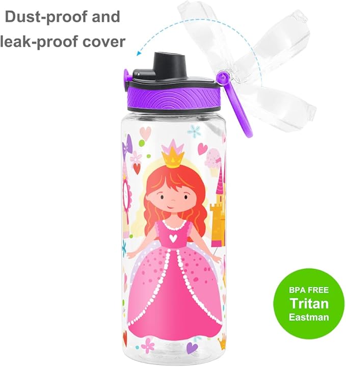 Home Tune Cute Water Bottle for School Kids Girls, BPA FREE Tritan & Leak Proof & Easy Clean & Carry Handle, 23oz/ 680ml - Princess