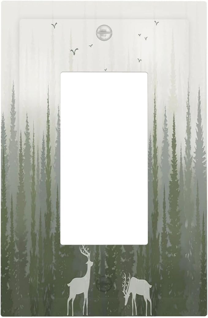 Green Pine Tree Deer Country forest Bird Nature Mist Decorative Outlet Covers 1 Gang Single Rocker Wall Plates Gfci Faceplate Light Switch Cover Plate for Bedroom Home Decor