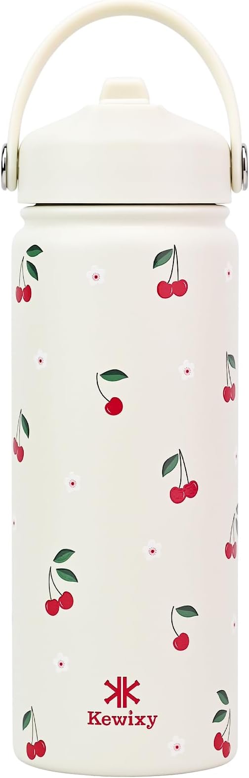 KEWIXY 18 oz Cherry Water Bottle with Straw, Leak Proof, Insulated Stainless Steel with Handle, Reusable, Metal, Backpack-side Fit, for Girls (Cream Cherry)