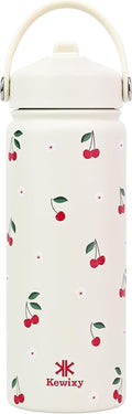 KEWIXY 18 oz Cherry Water Bottle with Straw, Leak Proof, Insulated Stainless Steel with Handle, Reusable, Metal, Backpack-side Fit, for Girls (Cream Cherry)