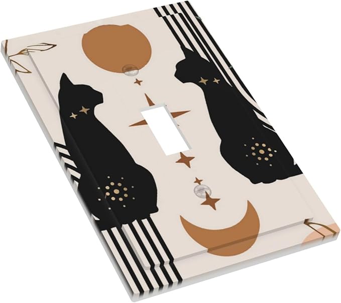 Cute Mid Century Abstract Black Boho Moon Cat Single Toggle Light Switch Plates Outlet Covers Decorative Electrical Wall Plate Receptacle Switchplate Decorate Plug Cover Living Room Bathroom Decorate