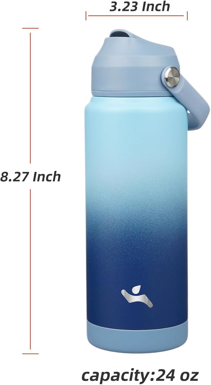 Konokyo Insulated Water Bottle with Straw Lid,24 oz Stainless Steel Vacuum Metal Bottle with Silicone Handle,Sky